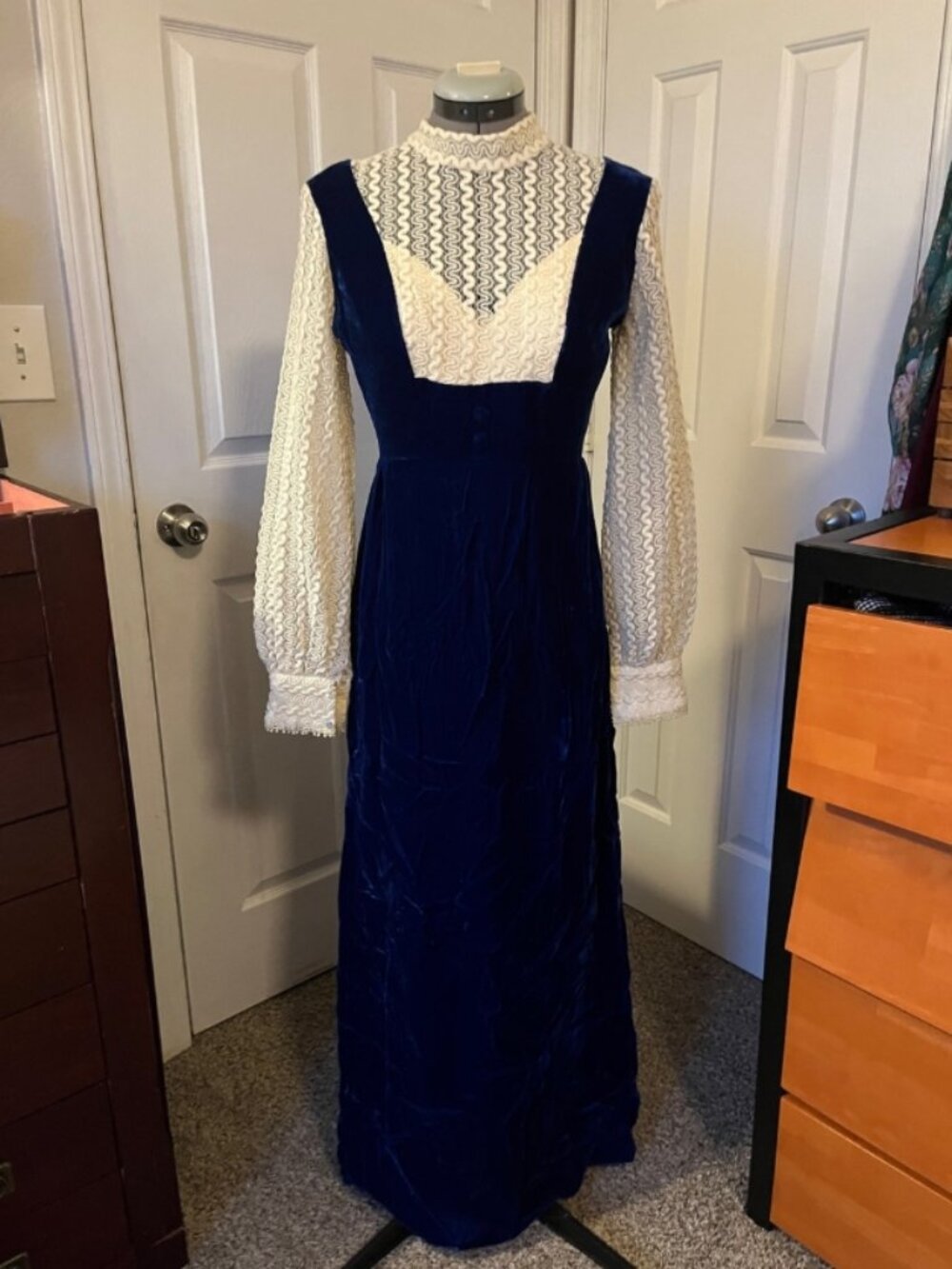 1960s Royal Blue Velvet & Ivory Lace Maxi Dress | Vintage Mod / Romantic Prairie